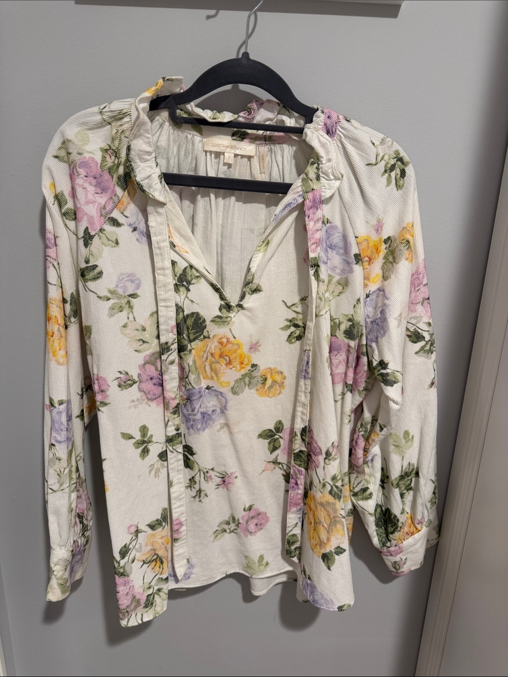 LoveShackFancy Cream Floral Ruffle Tie-Neck Blouse